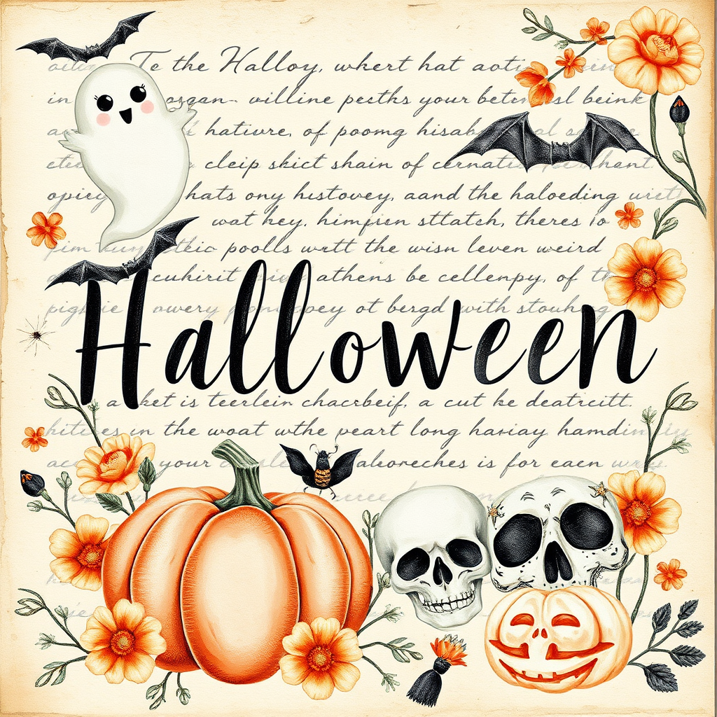 Design a detailed watercolor, vintage-inspired Halloween-themed imagery for a cottagecore junk journal. The design features a spooky yet shabby chic aesthetic with handwritten elements in faded ink, showing slight wear. Include pumpkins, cute ghosts, and adorable skulls alongside autumn florals, all rendered in soft pastel colors like pale orange, cream, and black for accents. The imagery has a slight worn or parchment texture, creating a nostalgic feel. The high-resolution image has no blur, contrast, or grainy textures, and is filled with intricate details in 8k definition.