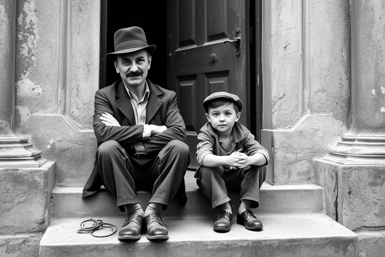 A black-and-white photograph of a man and a child sitting on steps in front of a doorway. The man is dressed as a tramp with a bowler hat, mustache, and ragged clothes, reminiscent of Charlie Chaplin's iconic look. He is sitting with his arms crossed and an expression of slight sadness or frustration. Next to him is a young boy, also in worn clothes and a cap, sitting with his hands clasped, looking thoughtful. The background is an old, textured wall and a partially open door, creating a vintage, early 20th-century atmosphere.