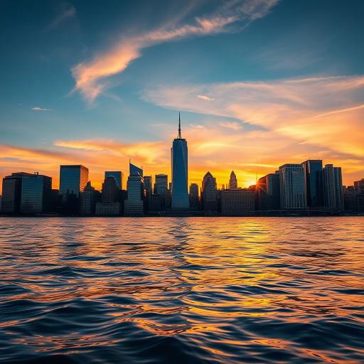 Capture a stunning sunset over the New York City skyline with reflections in the water using a Canon EOS R5, 24mm lens, f/11 aperture, ISO 100, 1/60 sec exposure, with a low angle view and a warm color palette for enhanced vibrancy.