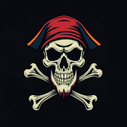 Create a high-resolution digital illustration of a stylized pirate skull and crossbones, using a Canon EOS R camera with a 50mm lens at f/1.8, ISO 100, set against a dark textured background for contrast, capturing vibrant colors and sharp details.