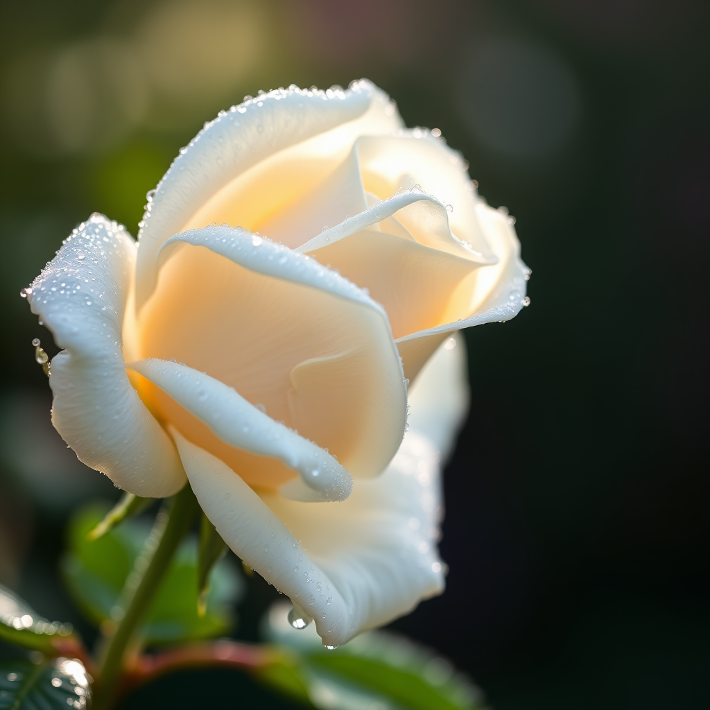 close-up of a dew-covered white rose with soft focus background, 50mm lens, f/2.8, ISO 100, shutter speed 1/200s, natural light, DSLR camera