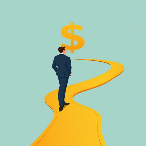 Create a vector-style illustration of a businessman in a suit standing on a winding golden pathway leading to a money symbol, use a clean, minimalistic background with a light teal color, set the camera to 50mm lens, f/8 aperture for sharpness, and a slight vignetting effect for depth.