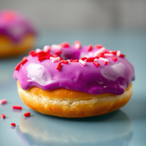 Create a high-resolution image of a frosted donut with purple icing and red sprinkles, using a DSLR camera, 50mm lens, f/2.8 aperture, ISO 100, with soft natural lighting and a shallow depth of field for a creamy bokeh effect.