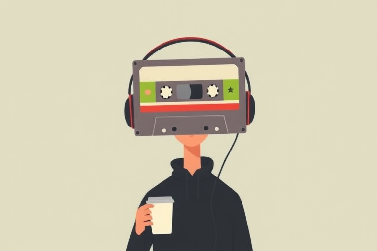 create an illustration of a person with a cassette tape for a head, wearing headphones, holding a coffee cup, minimalist style, flat colors, digital art, viewed from the front, 50mm lens, f/2.8 aperture, soft lighting, high resolution, vector graphics