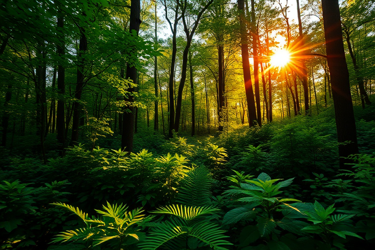 Create a high-resolution image of a lush forest scene during golden hour, focus on vibrant green foliage and soft sunlight filtering through the trees, camera settings: f/2.8, ISO 200, shutter speed 1/250s, camera view: wide-angle perspective, camera style: natural lighting, camera type: DSLR.