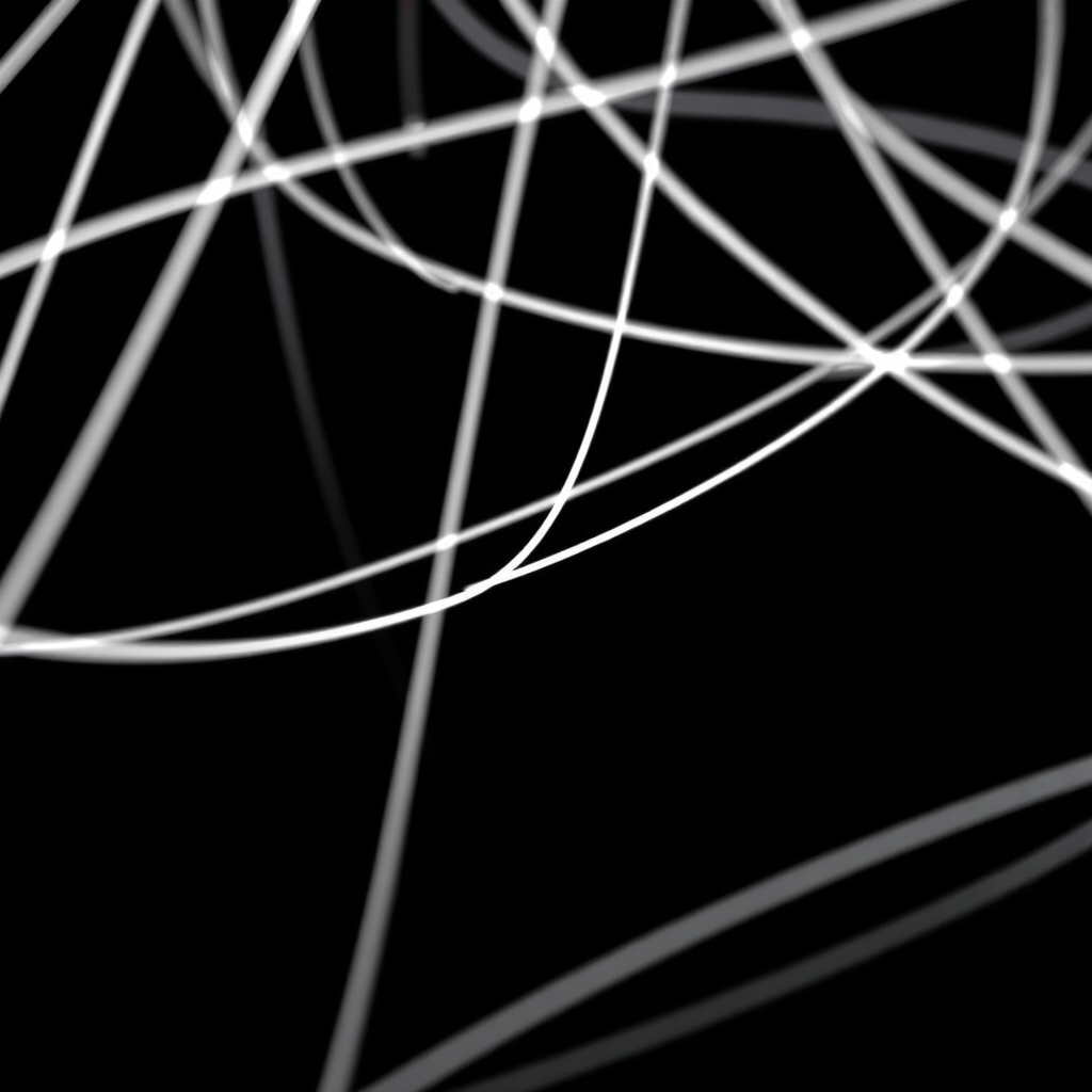Create a high-resolution abstract image of interconnected white lines on a black background, using a Canon EOS R5 camera, ISO 100, aperture f/8, shutter speed 1/60 sec, in a straight-on view with a minimalist style.