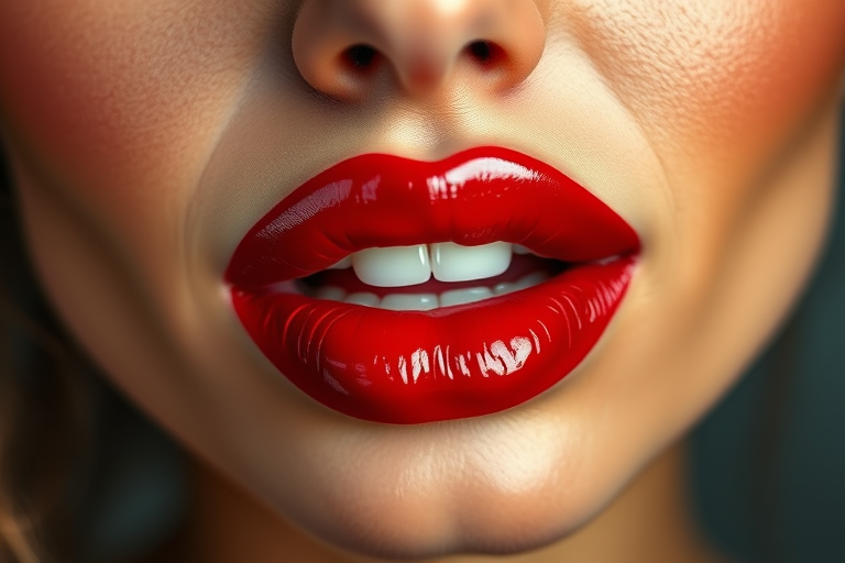 Vibrant cherry red lips with a glossy finish, showcasing plump and voluminous curves, reflecting light beautifully, exuding sensuality and confidence in a close-up portrait