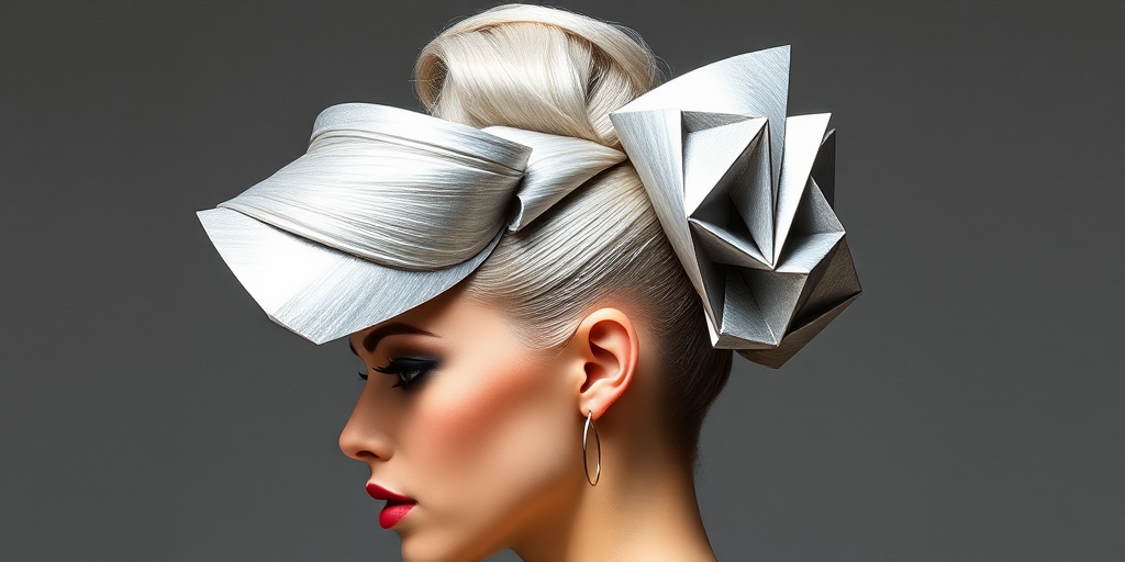 Avant-garde model showcasing an architectural updo with geometric shapes and angles, colored in a striking metallic silver