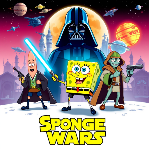 Create a parody of the Star Wars poster with SpongeBob as Luke Skywalker, holding a glowing spatula like a lightsaber. Patrick Star takes the role of Han Solo, holding a blaster, while Squidward is Obi-Wan Kenobi, draped in robes. In the background, Plankton appears as Darth Vader, with Bikini Bottom’s landmarks reimagined as spaceships and planets. The iconic Star Wars logo is swapped for "Sponge Wars," creating a playful, sci-fi adventure scene.