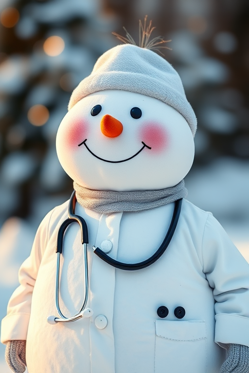 A cheerful snowman wearing a doctor's coat and stethoscope with a friendly expression, captured in a bright, high-resolution image using a DSLR camera at f/1.8 aperture, ISO 100, 50mm lens, full view, with vibrant colors and soft lighting.