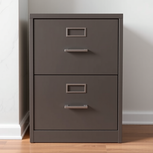 Create a high-resolution image of a two-drawer filing cabinet with a minimalist design, using a DSLR camera with a 50mm lens at f/2.8 aperture, ISO 100, and a shutter speed of 1/125 seconds, shot from a slight angle to capture depth and texture.