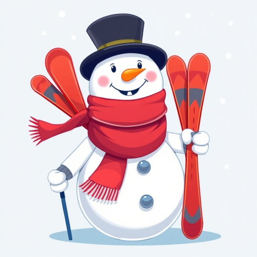Create a high-resolution illustration of a cartoon snowman holding skis and ski poles, colorful and cheerful, with a black top hat and a red scarf, using a DSLR camera with a 50mm lens, f/1.8 aperture, ISO 100, and natural lighting for vibrant colors and sharp details.