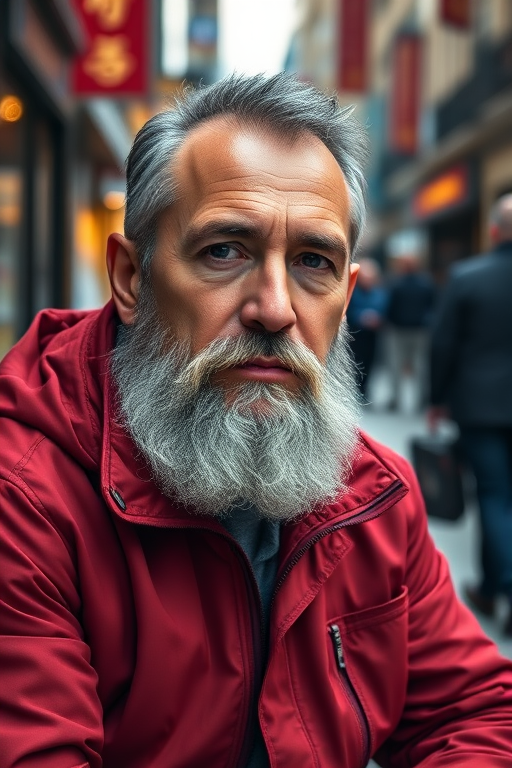 portrait of a man with a gray beard wearing a red jacket seated in a bustling urban environment, shallow depth of field, natural lighting, focus on the man, 85mm lens, f/1.8 aperture, ISO 100, 1/200s shutter speed, DSLR camera