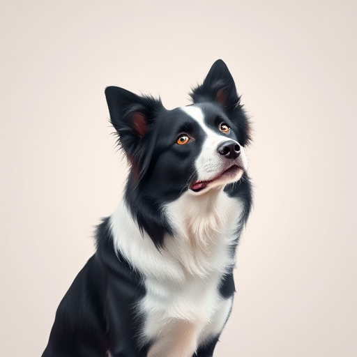 Create a high-resolution digital illustration of a border collie with a prominent black and white pattern, set against a soft gradient background, using a DSLR camera with a 50mm lens, aperture f/2.8, and ISO 100 for sharp detail.