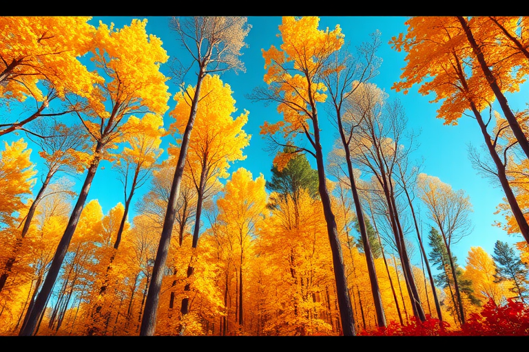 Create a vibrant digital illustration of a forest with tall trees and golden leaves under a clear blue sky, using a 50mm lens at f/2.8, ISO 100, and a warm color palette for enhanced depth and contrast, capturing a painterly style reminiscent of impressionism.