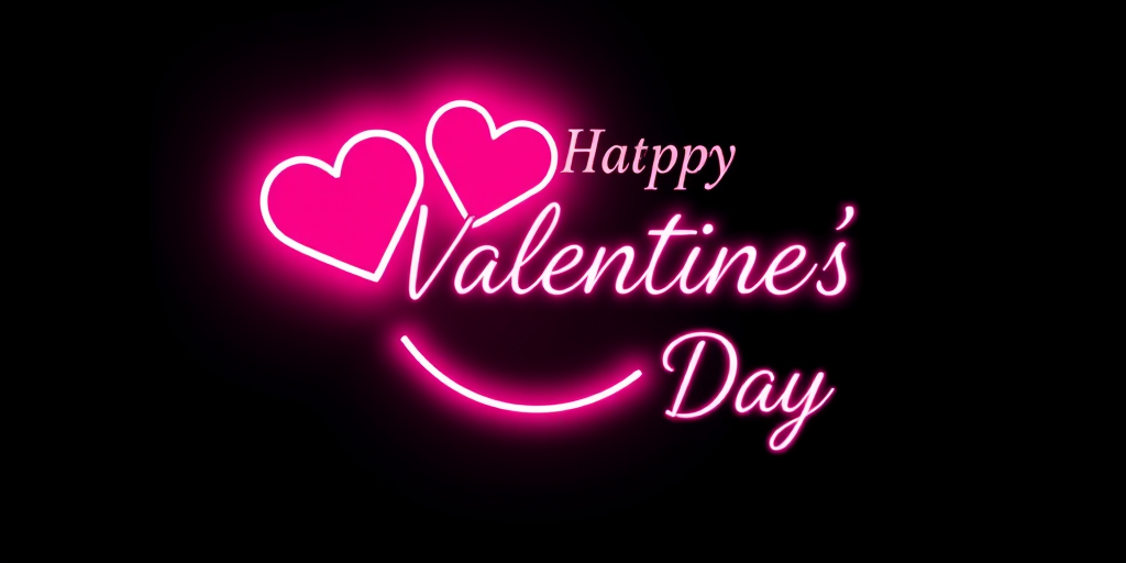 Create a vibrant digital illustration for Valentine's Day featuring a neon smiley face with two hearts, elegant cursive text saying "Happy Valentine's Day," shot with a DSLR camera at f/2.8 aperture, ISO 100, and a 50mm lens for sharp focus against a dark gradient background.