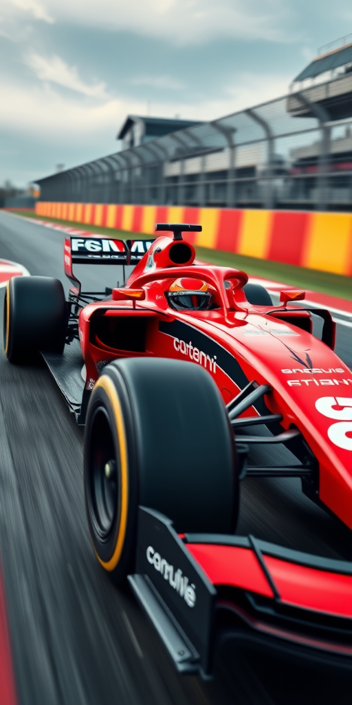 Create an image of a Marussia Formula 1 car in a dynamic racing environment, using a Canon EOS R5 with a 24-70mm f/2.8 lens, set at ISO 100, aperture f/4, shutter speed 1/500s, at a 45-degree angle view to emphasize aerodynamics, with vibrant colors and sharp focus.