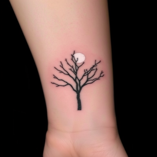 Delicate white-on-black negative space tattoo called "Moonlit Silhouette" depicting the silhouette of a tree with bare branches against a night sky, created by leaving areas of skin untouched within a solid black backgroun