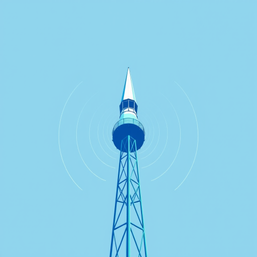 create a digital illustration of a blue signal tower emitting circular waves with a sharp triangular peak, using a 50mm lens, f/8 aperture, ISO 100, shot from a low angle to emphasize the height, in a vector graphic style for enhanced clarity and detail