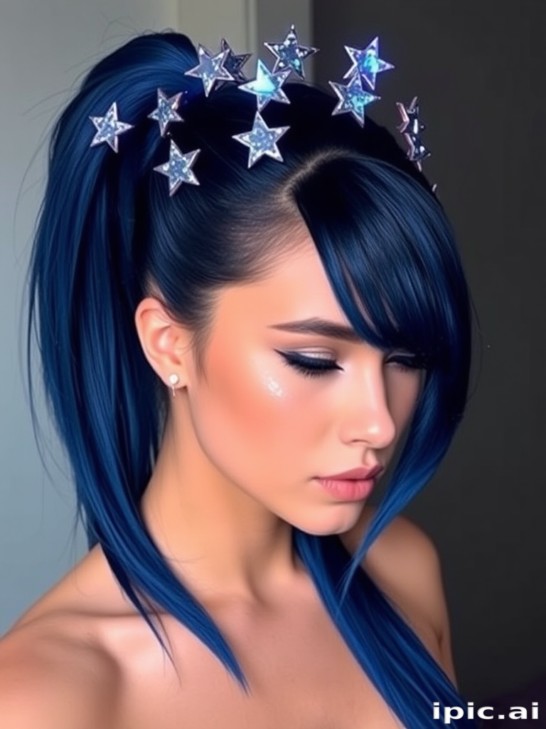 Midnight blue hair styled in a sleek high ponytail with a crown of holographic stars circling the head, creating an otherworldly galaxy-inspired look.