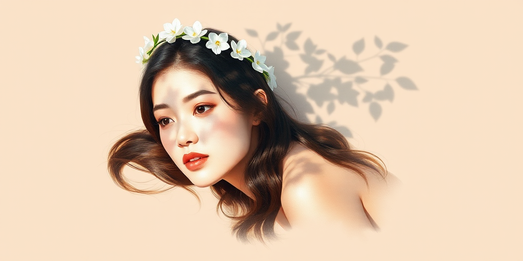 create a watercolor painting of an ethereal portrait of beautiful Malay woman with a simple white flower crown on her head. Her hair is long and she is lying on the ground. The sunlight on the trees casts shadows from the leaves on her face and body. The background is a neutral brown color that matches her skin tone. The image is minimalist and solid colors. This style is characterized by soft, delicate brushstrokes and a light, airy, contrasting color palette. High level of detail and play of light