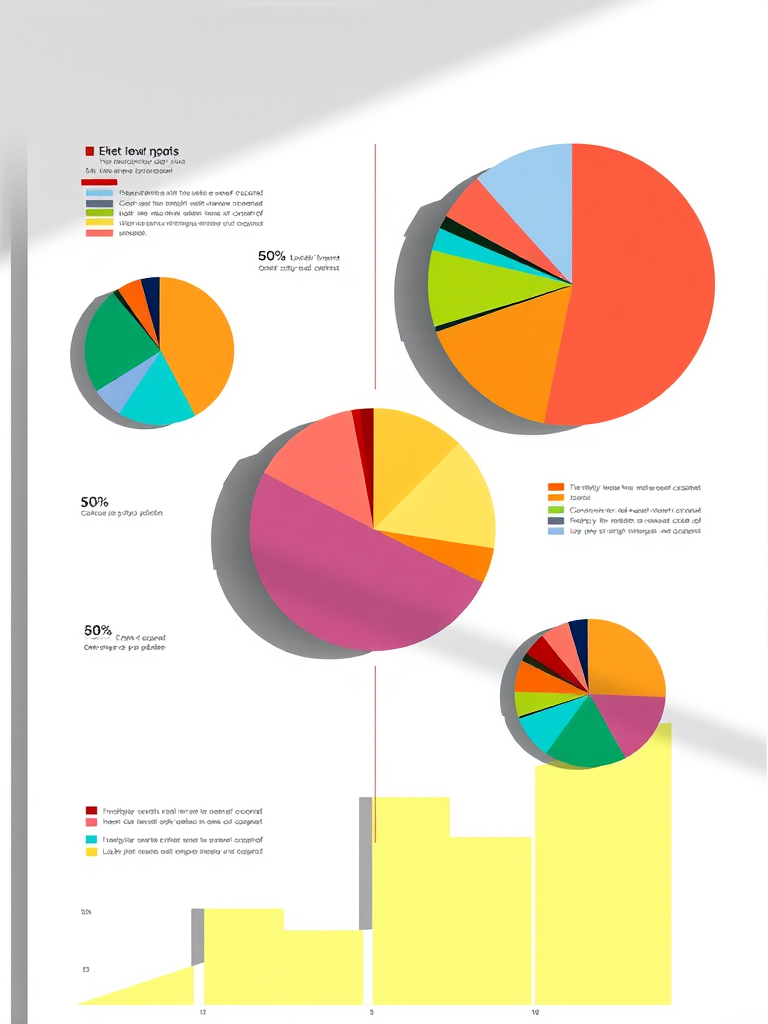 Create a high-quality infographic featuring colorful pie charts in a minimalist style with a clean white background, using a Canon EOS R5 camera, aperture at f/4, shutter speed 1/160s, ISO 100, overhead view, and soft natural lighting.