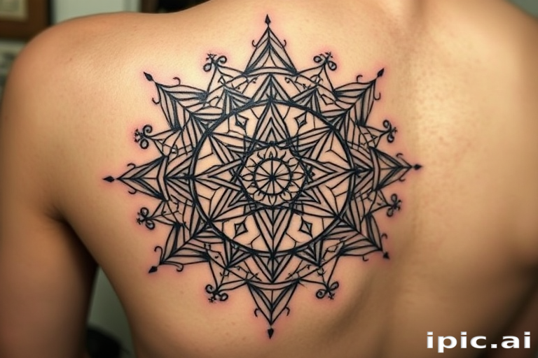 Intricate blackwork geometric tattoo called "Sacred Geometry" showcasing precise lines and complex patterns forming interconnected shapes and symbols inspired by ancient mathematical principles and spiritual designs