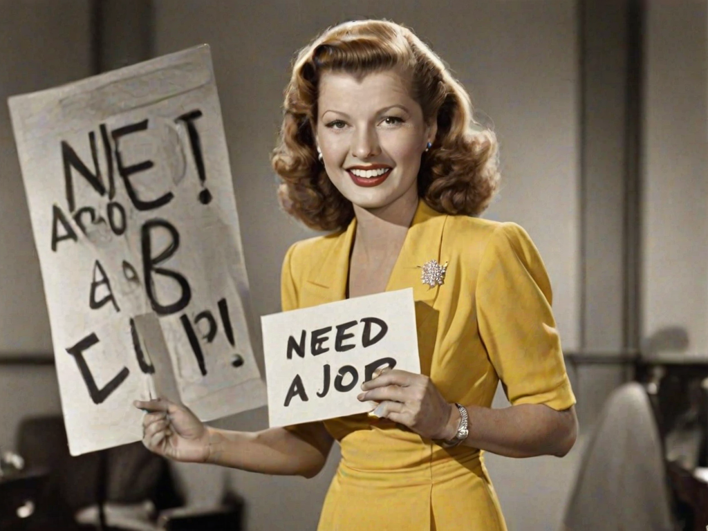 caricature of a smiling Rita Hayworth in a Yellow dress or suit, holding up a sign that says "NEED A JOB", no watermark,