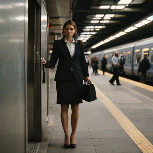 Busy train platform at rush hour, commuters moving quickly, a woman in a business suit stands by a pillar, glancing at her watch as the incoming train approaches.