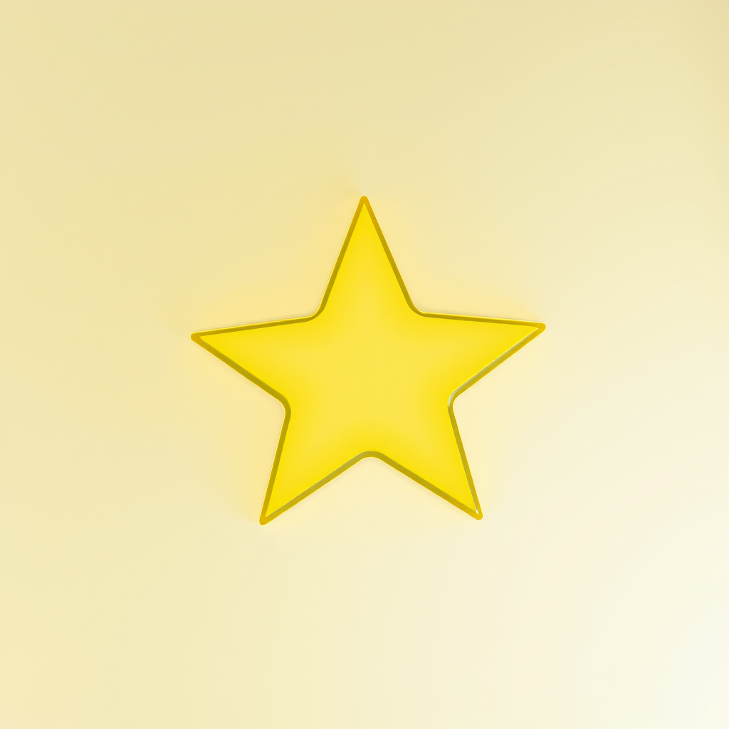 Create a bright, glossy yellow star shape on a transparent background with a soft glow effect, using a DSLR camera with 50mm lens, f/1.8 aperture, ISO 100, and shallow depth of field for enhanced focus and vibrancy.