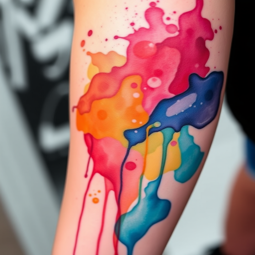 Watercolor splash tattoo called "Chromatic Cascade" with vibrant hues bleeding and blending into each other to form an abstract landscape of flowing colors and subtle gradients