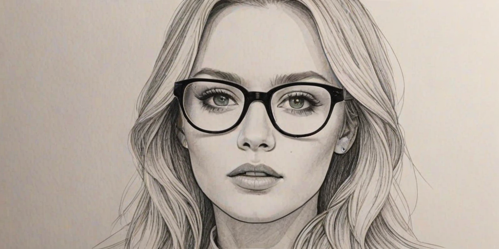 Pleasing Zara Larsson, pencil sketch, portrait of Exquisite woman 1969s in glasses, hair style beatnik, outline, clear lines, fine lines, 8k
