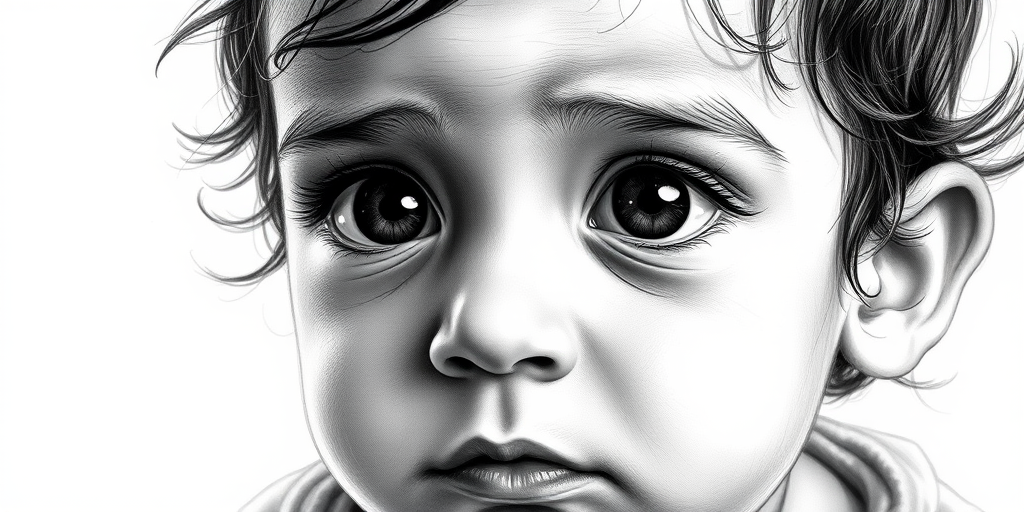 A hyperdetailed photorealistic black and white sketch of a beautiful toddler with deep black eyes, with a macro focus