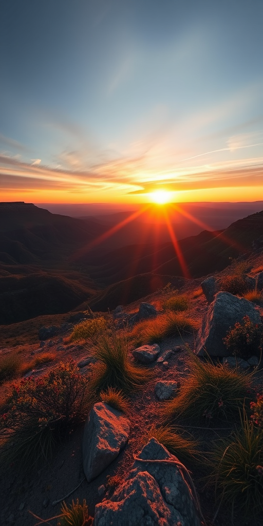 Generate a vibrant landscape image with a wide-angle view captured at sunrise, using a Canon EOS R5, ISO 100, f/8 aperture, 1/200s shutter speed, and a polarizing filter to enhance colors and contrast.