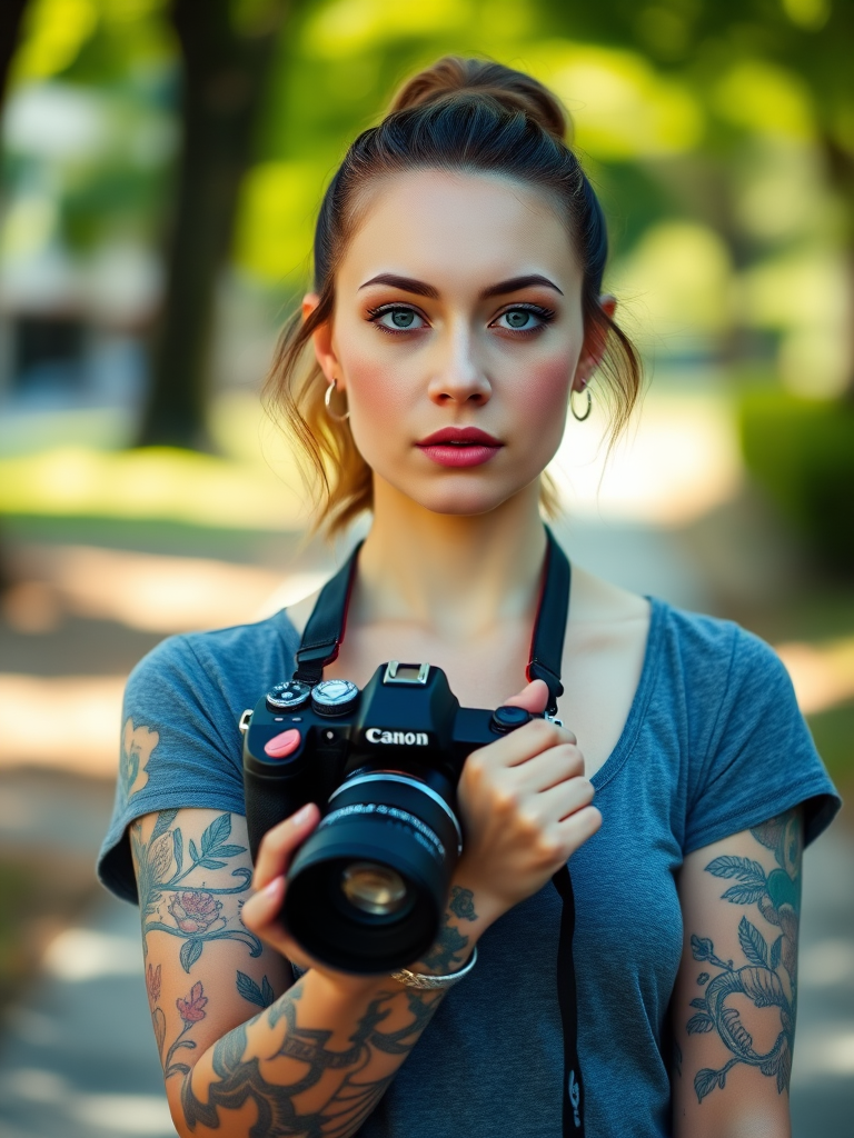 portrait of a woman with tattoos standing outdoors holding a camera, natural sunlight, shallow depth of field, 85mm lens, f/1.8 aperture, ISO 100, 1/2000s shutter speed, DSLR camera, vibrant colors and soft background blur