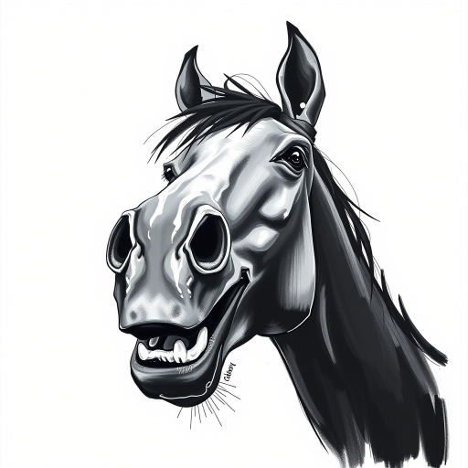 Abstract black and white acrylic portrait of an over exaggerated laughing (horse). Minimalism style. White background.