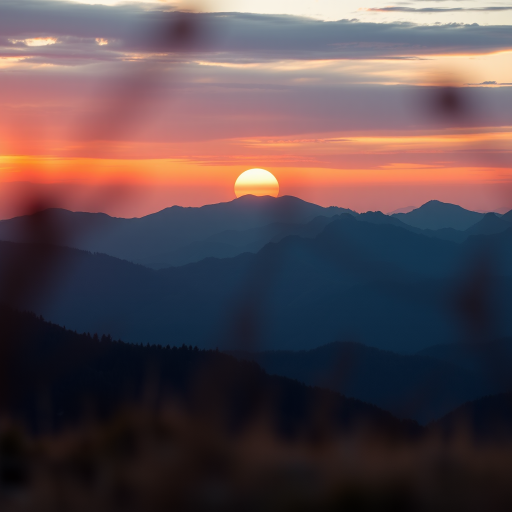 Create a high-resolution image of a sunset over a mountain range, captured with a Canon EOS R5 at f/8, ISO 100, 1/125s, using a wide-angle lens with a warm color palette and soft focus background.