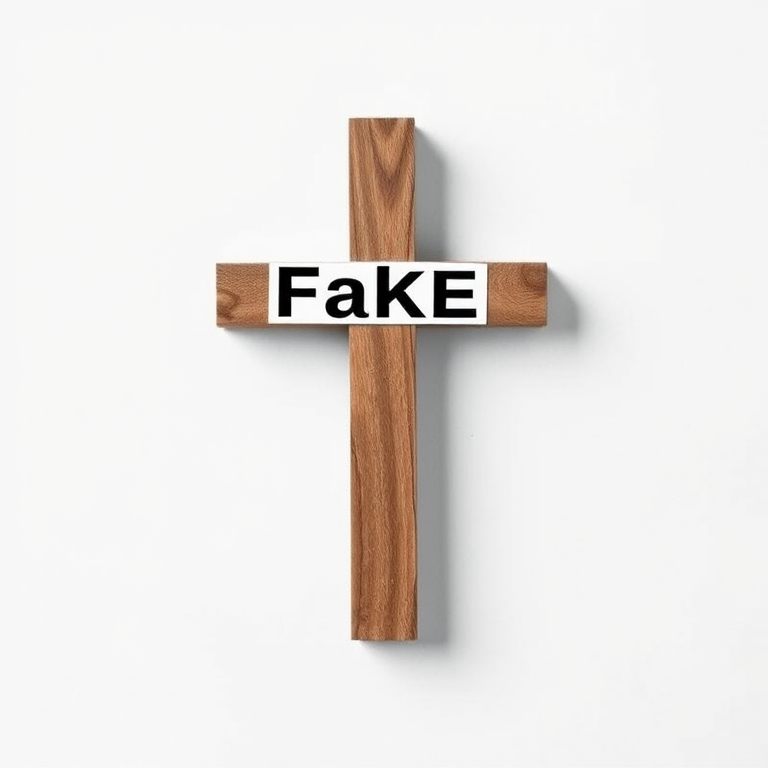 Design a minimalist graphic featuring a tilted cross labeled "Fake," with a plain white background, using a DSLR camera at f/8 aperture, ISO 200, 50mm lens, and a top-down view to enhance clarity and detail.