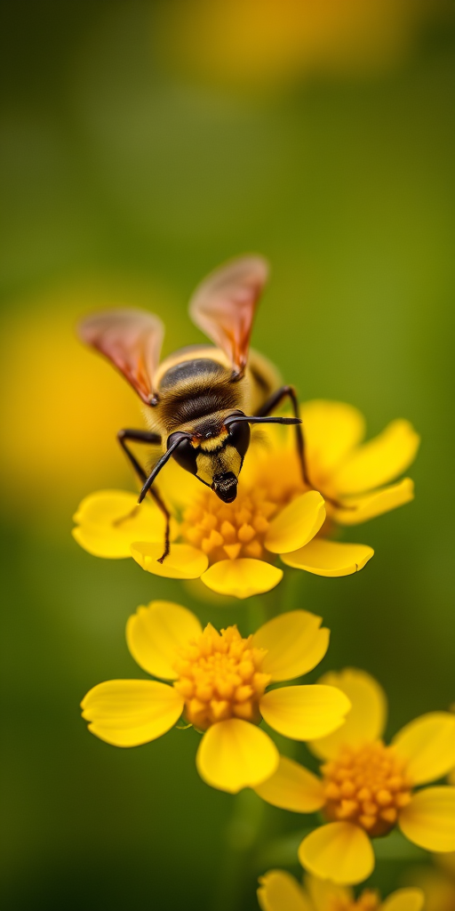 Close-up shot of a wasp on bright yellow flowers with a shallow depth of field, use a macro lens, aperture set to f/2.8, shutter speed 1/200s, ISO 200, natural lighting, focus on the wasp with a blurred background, taken with a DSLR camera.