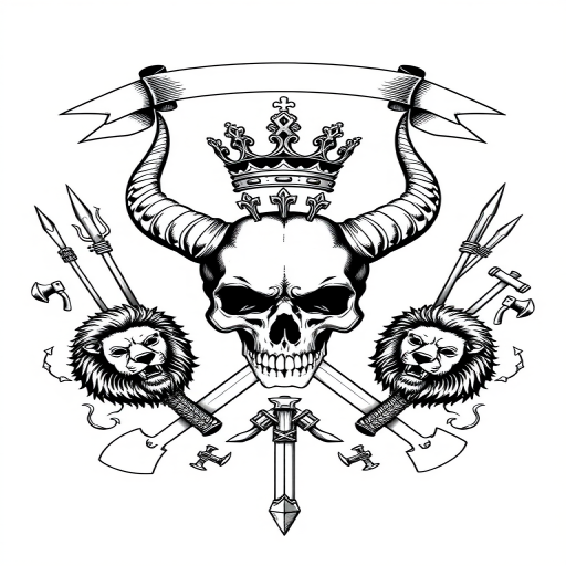 Create a high-resolution monochrome illustration of a central skull with horns, a crown on top, crossed swords below it, flanked by two lions on either side, surrounded by various weapons such as spears and axes, with a decorative ribbon above, shot with a DSLR camera at f/8, 50mm lens, ISO 100, natural light for enhanced detail and contrast.
