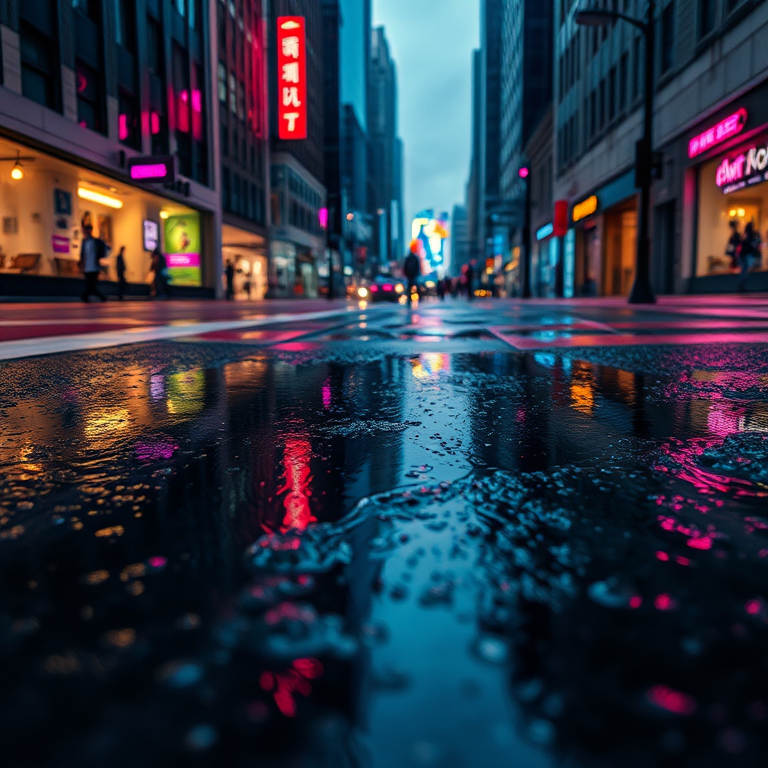Sharp, detailed photo of a city street reflected in a rain puddle, soft neon lights from nearby signs casting colorful streaks across the wet pavement, and the quiet aftermath of a storm.