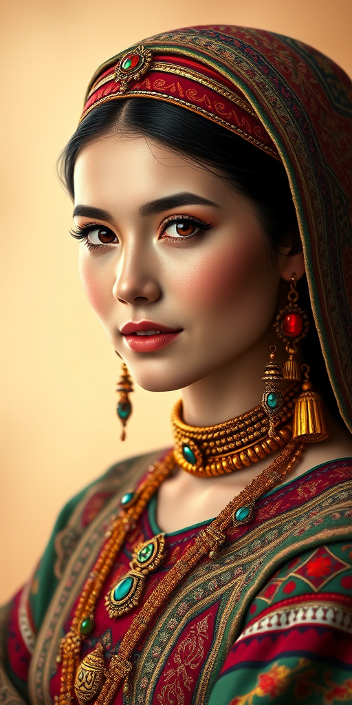 Create a portrait of a beautiful Kyrgyz woman with striking red eyes and a gentle expression. She is adorned in traditional attire with intricate patterns, including a richly embroidered headscarf and matching garments. Her jewelry includes a delicate headpiece, dangling earrings, and ornate bracelets, all featuring vibrant gemstones and detailed metalwork. The background is soft and warm, enhancing the rich colors of her outfit and jewelry.