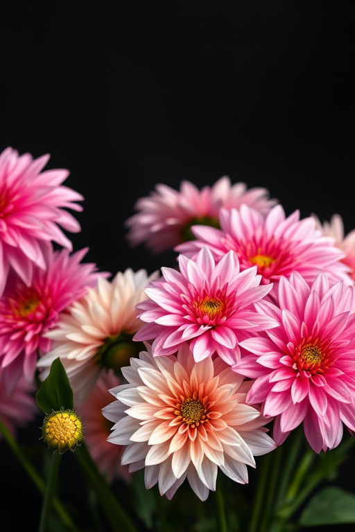 a vibrant arrangement of pink and white dahlias against a soft-focus black background, taken with a 50mm lens at f/2.8, ISO 100, and a shutter speed of 1/200 sec, using a DSLR camera with a macro style for enhanced detail and depth