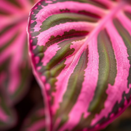 Capture a close-up of a vibrant variegated leaf with pink and green stripes, using a DSLR camera, 50mm lens, aperture f/2.8, ISO 100, with a shallow depth of field and soft bokeh background.