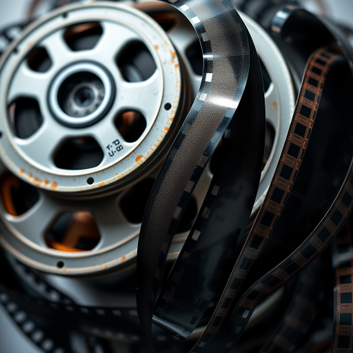 Create an abstract image featuring film reels and film strips intertwined, using a high-resolution digital camera with an aperture of f/8, ISO 100, and a shutter speed of 1/125 sec, with a focus on a macro view for intricate details.
