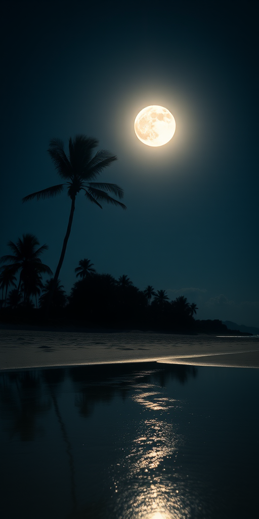 Regenerate a serene beach scene at night with a glowing full moon surrounded by silhouettes of palm trees, captured using a DSLR camera, 35mm lens, f/2.8 aperture, ISO 200, 15-second exposure, shot from a low angle to emphasize the reflection in the wet sand.