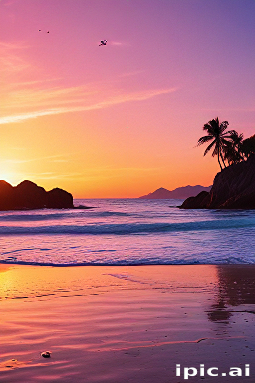 Serene Sunset Over Tranquil Beach with Palm Trees and Gentle Waves