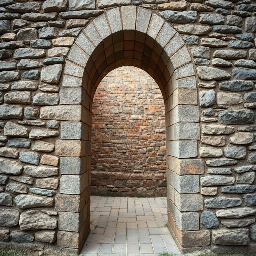 Regenerate an image of an arched doorway in a stone wall with textured bricks, wide-angle view, f/8 aperture, ISO 100, 1/200 sec shutter speed, taken with a DSLR camera for enhanced clarity and detail.