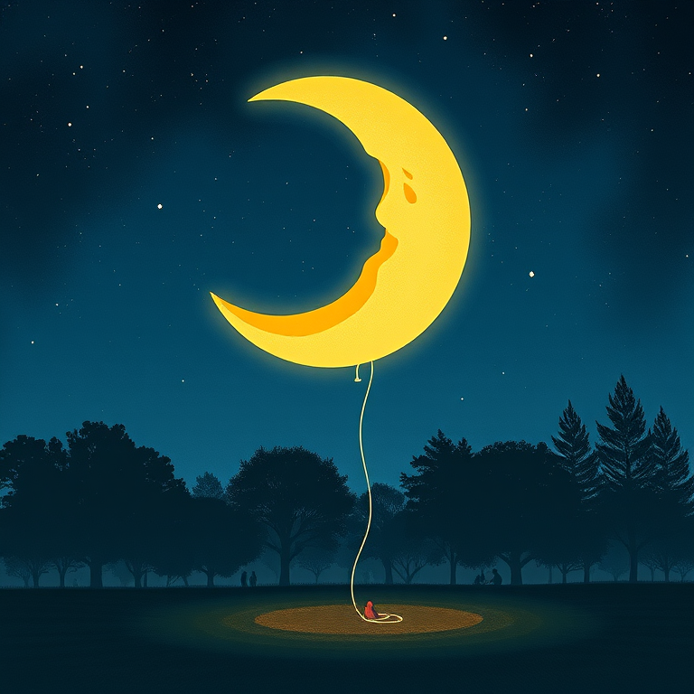 Create an illustration of a night scene with a crescent moon tied to a balloon, showing silhouettes of trees and people in the distance, using a DSLR camera with a 50mm lens, f/1.8 aperture, ISO 800, and a long exposure of 10 seconds for enhanced image quality.