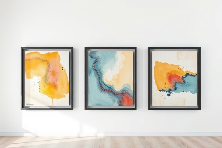 Create an image of three abstract art canvases hanging on a white wall, with thick black frames, using a Canon EOS R5 with a 24-70mm lens, f/8 aperture, ISO 100, focused on the center, shot from a straight-on perspective, with natural light to enhance the colors and textures of the frames.